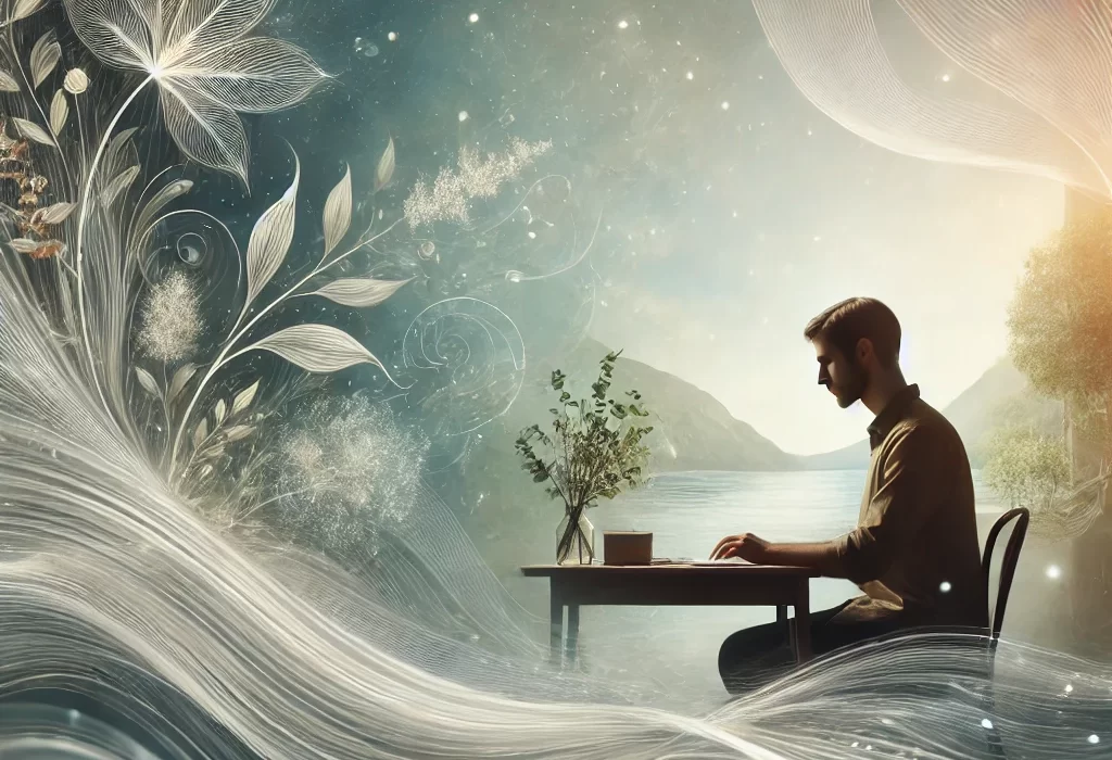 A peaceful scene of a person deeply focused in a creative space, surrounded by flowing water and soft light. The background blends nature and abstract light patterns to represent the clarity, creativity, and calmness associated with entering a flow state. This imagery embodies the concept of mindfulness and being fully present in the moment, emphasizing the mental ease and productivity that come from engaging in a flow state