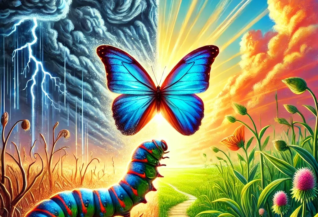 A metaphorical illustration of stress and growth, showing a caterpillar under subtle strain on one side with stormy clouds above, transforming into a butterfly soaring into a sunny, colorful sky on the other. The background features lush greenery and a clear path, symbolizing the journey of overcoming challenges to achieve personal transformation.