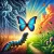 A metaphorical illustration of stress and growth, showing a caterpillar under subtle strain on one side with stormy clouds above, transforming into a butterfly soaring into a sunny, colorful sky on the other. The background features lush greenery and a clear path, symbolizing the journey of overcoming challenges to achieve personal transformation.