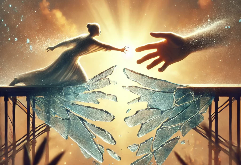 Two hands cautiously reaching out toward each other across a partially broken glass bridge, symbolizing the effort and vulnerability involved in rebuilding trust after betrayal. The background features warm, soft lighting, evoking hope and renewal.